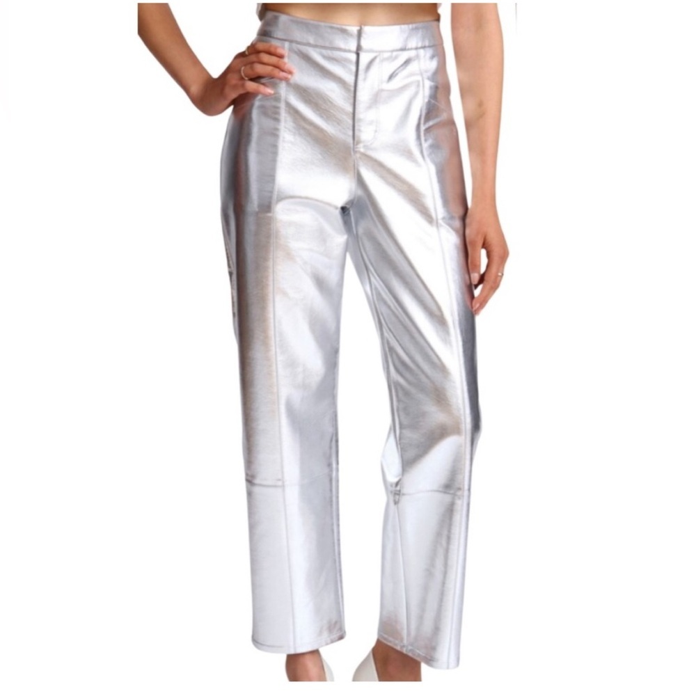 Avec Les Filles Metallic Silver High Waist Crop Wide Leg Pants